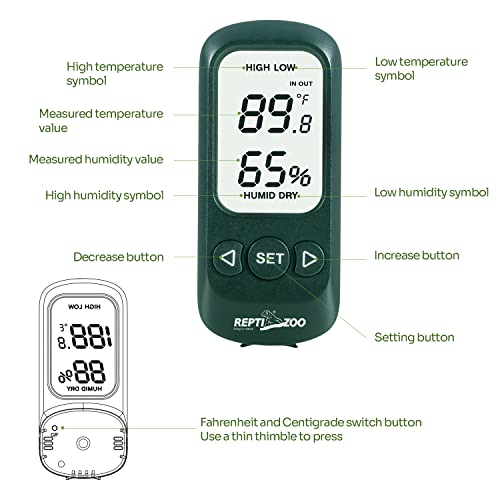 REPTI ZOO Digital Thermometer Hygrometer, High Presicion Sensitive Thermometer and Humidity Gauge for Reptile Terraium Aquarium with High and Low Alarm Function, Large Screen & 3-Sides Mounting