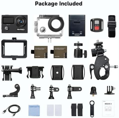 AKASO Brave 4 4K30fps 20MP WiFi Action Camera Ultra Hd with EIS 131ft Waterproof Camera Remote Control 5xZoom Underwater Camcorder with 2 Batteries and Bicycle Helmet Accessories Kit