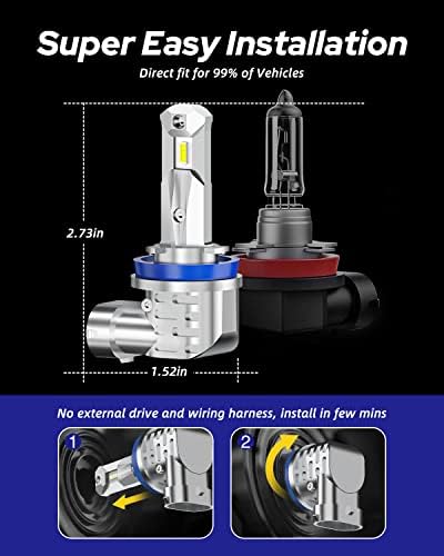 AUTOONE H8 H9 H11 Light Bulbs, Direct H11 Replacement 16000LM Fog Light, Fanless Mini Size, Pack of 2