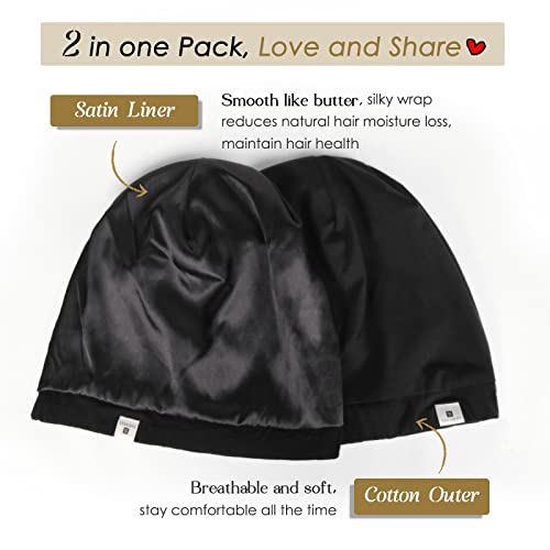 YANIBEST 2 Pcs Silk Bonnet Satin Bonnet Hair Bonnet for Sleeping - Adjustable Saty on Satin Lined Slouchy Beanie Hat for Women