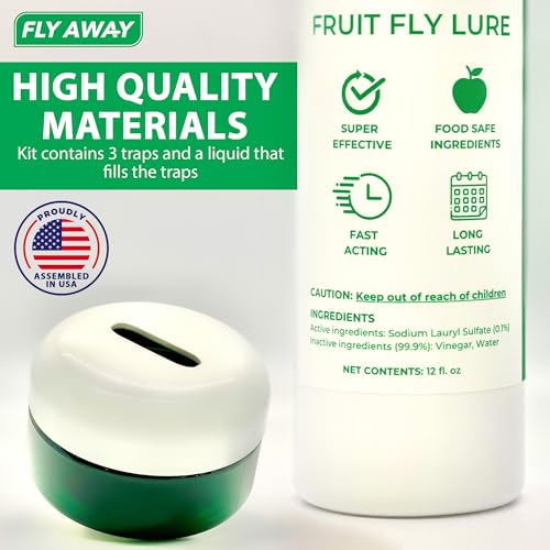 Fly Away - Indoor Fruit Fly Trap Kit. Reusable & Refillable Traps (3), Trap Flies for Over 90 Days with Liquid Bait Lure, Stylish Design - Perfect for Home Kitchens, Bars, Restaurants, and Wineries.