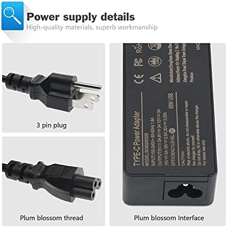 Laptop Charger 65W watt USB Type C AC Adapter Replacement for Hp Chromebook 14 13 X360 Spectre x360 Elite x2 EliteBook; Lenovo Yoga,Dell, ASUS,Acer Type C Power Supply Adapter with Cord