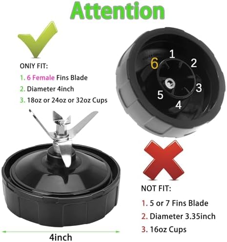 Ninja Blender Replacement Parts, 6 Fins Female Ninja Blender Replacement Blade Compatible with Ninja Auto iQ BL450 BL480 BL480D BL482 BL456 Blenders (FEMALE FINS ONLY)