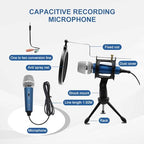 Blue Condenser Recording Microphone 3.5mm Plug and Play PC Microphone, Broadcast Microphone for Computer Desktop Laptop MAC Windows Online Chatting Podcast Skype YouTube Game（Blue