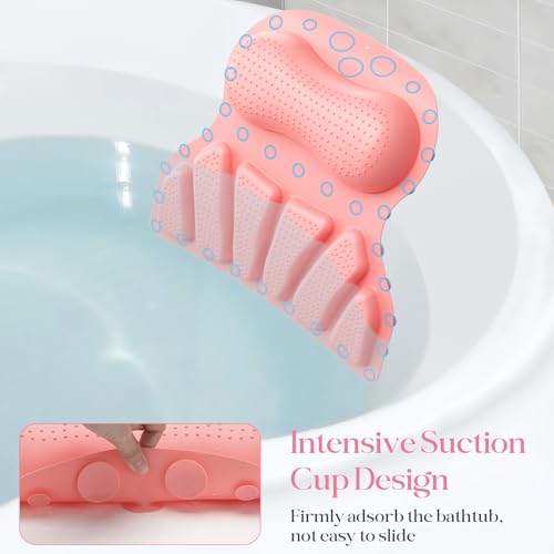 Bath Pillow Luxury Bathtub Pillow, Bath Pillows for Tub Head Neck and Back Support, Non-Slip Soft Silicon Bath Tub Pillow with Strong Suction Cup, Bath Accessories Spa Gifts, Pink