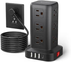 Surge Protector Power Strip 10 FT Cord, Power Strip Tower with 4 USB Ports (1USB C), Extension Cord with 12 AC Multiple Outlets, Home Office Supplies Desk Accessories, Dorm Room Essentials