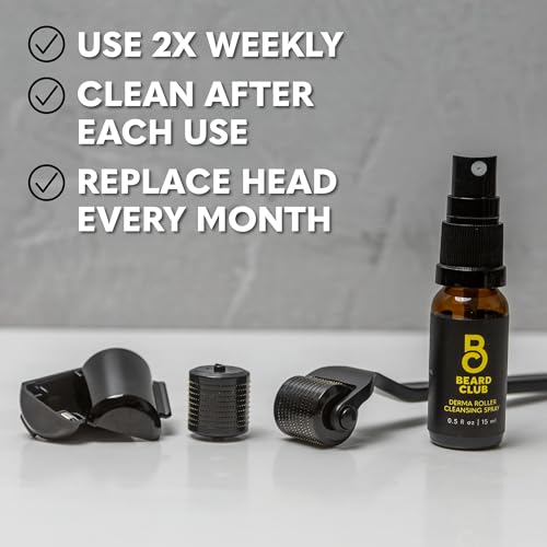 The Beard Club Beard Roller with Cleansing Spray & Replacement Head - 0.3mm Titanium Coated Needles, 3 Count