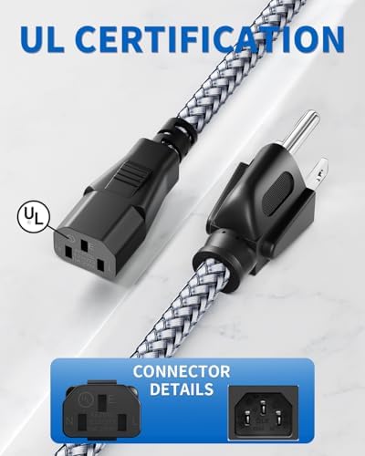 Power Cord-3 Prong Power Cable 10A 250V AC Power Cable 6.6FT/2m Nylon Braided Replacement 3 Pin Power Cord for Computer, Monitor, Printer,TV, PC,Projector,Power Supply Cable