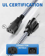 Power Cord-3 Prong Power Cable 10A 250V AC Power Cable 6.6FT/2m Nylon Braided Replacement 3 Pin Power Cord for Computer, Monitor, Printer,TV, PC,Projector,Power Supply Cable