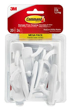 Command Medium Utility Hooks, 20 Hooks and 24 Command Strips, Damage Free Hanging Wall Hooks with Adhesive Strips, No Tools Adhesvie Hooks for Hanging Christmas Decorations, Holds up to 3 lb