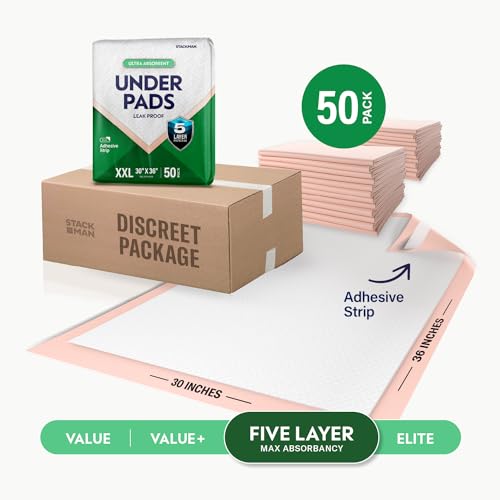 XXL Bed Pads, 5-Layer Disposable 30 x 36 Chucks Pee Pads for Incontinence Bed Wetting for Adults, Elderly & Kids [50 Pads] Heavy-Duty Extra Large Underpads - 30x36 - With 2 Adhesive Strips on Each Pad