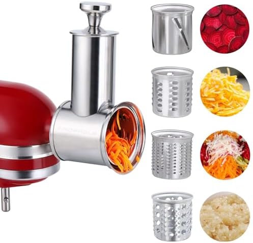 Large Stainless Steel Slicer Shredder Attachment for KitchenAid Mixers,Dishwasher Safe Vegetable Cheese Grater Accessories with 4 Cutting Blades by KINGEAGLE