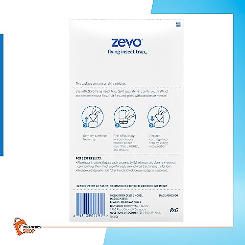 ZEVO Refills Cartridges | Device Sold Separately, White, ZEVO Flying Insect Trap Refill Fly Trap Refill Cartridges + Includes Exclusive Venancio’sFridge Sticker & Sticky Fruit Trap (Zevo 2 Refills)