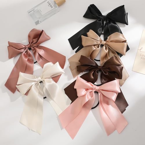 Yougeigy 6PCS Bow Hair Ties, Satin Hair Ribbon, Ribbon Hair Bows for Women Girls, Elastics Hair Scrunchies for Thick Thin Hair, Bows Hair Accessories for Valentine's Day