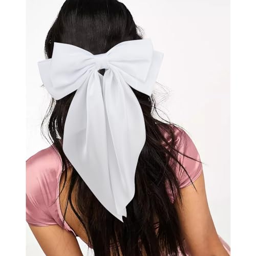 Velscrun Hair Bows for Women Girls 4Pcs White Silky Hair Bow Navy Blue Satin Large Coquette Bow Grey Big Hair Bows Clip Oversized Hair Ribbons Long Tail Black Bow Hair Barrettes Hair Accessories Gifts