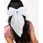 Velscrun Hair Bows for Women Girls 4Pcs White Silky Hair Bow Navy Blue Satin Large Coquette Bow Grey Big Hair Bows Clip Oversized Hair Ribbons Long Tail Black Bow Hair Barrettes Hair Accessories Gifts