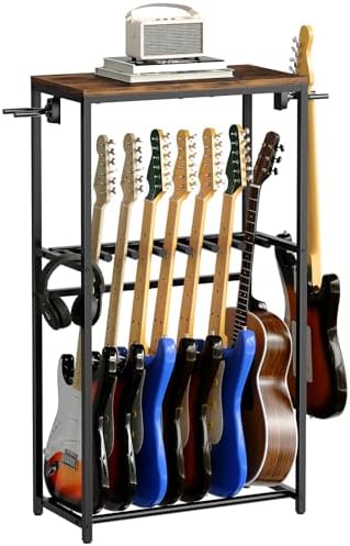 Guitar Stand for Acoustic Holder, Electric Guitar, Bass, Ukulele, Multiple Guitar Rack Holder, Floor Adjustable for Guitars, Guitar Amp Accessories, for Home Music Studio, Rustic Brown GSHR6701