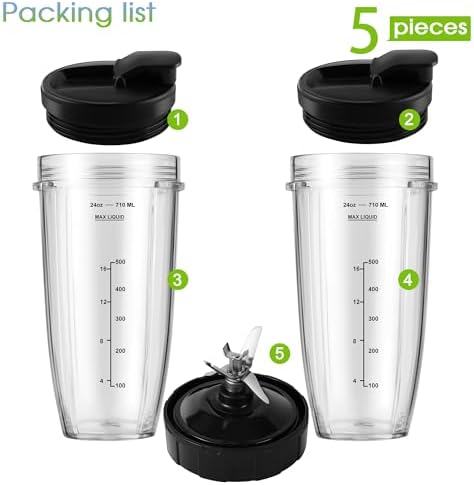 Blender Replacement Parts for Ninja, 24oz Ninja Blender Cups with To-Go Lids, 7 Fins Extractor Blade, Compatible with Nutri Ninja Auto iQ Blenders BL2012 BN801 BL480-30 BL640-30 BL642-30 NN100-30