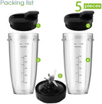 Blender Replacement Parts for Ninja, 24oz Ninja Blender Cups with To-Go Lids, 7 Fins Extractor Blade, Compatible with Nutri Ninja Auto iQ Blenders BL2012 BN801 BL480-30 BL640-30 BL642-30 NN100-30