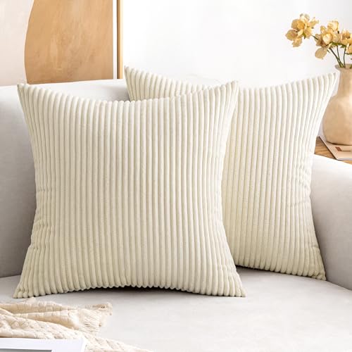 MIULEE Pack of 2 Corduroy Pillow Covers Soft Soild Cushion Cases Decorative Square Christmas Throw Pillow Covers Cream White Pillowcases for Sofa Bedroom Car 20 x 20 Inch 50 x 50 Cm