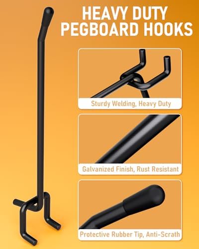 INCLY 60 Pack 6 Inch Black Pegboard Hooks, 1/4" Heavy Duty Peg Board Shelving Hooks Accessories, Peg Board Tool Hangers Only Fit 1/4" Pegboard Hanging Tools Garage, Craft Organizing, Kitchen, Store