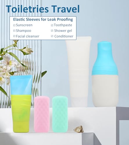 20 Pack Travel Essentials Silicone Bottle Covers, Cruise Ship Essentials, Travel Accessories Luggage for Women Men, Elastic Sleeves for Leak Proofing, Fit Most Travel Size Bottles Toiletries