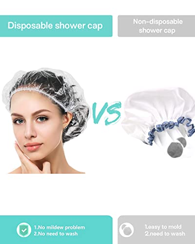 Auban 100PCS Disposable Shower Caps Individual Packing, Plastic Clear Hair Cap Large Thick Waterproof Bath Caps for Women, Hotel Travel Essentials Accessories Deep Conditioning(19.3")