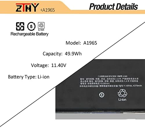 A1965 A1932 A2179 Battery Replacement for MacBook Air 13" A1932(Late 2018 2019) A2179 (Early 2020) EMC 3184 3302 MacBookAir8,1 8,2 9,1 MRE82LL/A MRE92LL/A MVFH2LL/A MVFM2LL/A MRE82B/A 11.4V 49.9Wh