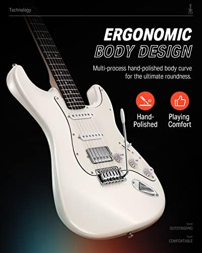 Donner Electric Guitar, DST-152 39" Electric Guitar Starter Kit HSS Pickup Coil Split, with Amp, Bag, Accessories, Polar White