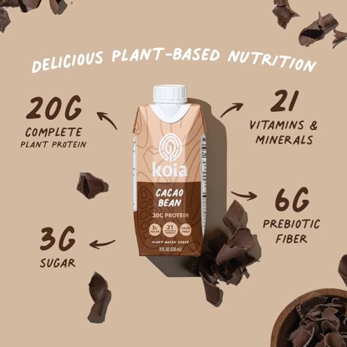 Koia - Plant Based Protein Shake - Cacao Bean - 20g Protein, 3g Sugar, 6g Prebiotic Fiber, 21 Vitamins & Minerals - Dairy Free, Soy Free, Non GMO - Meal Replacement Drinks - 11 fl oz, 12 Bottles
