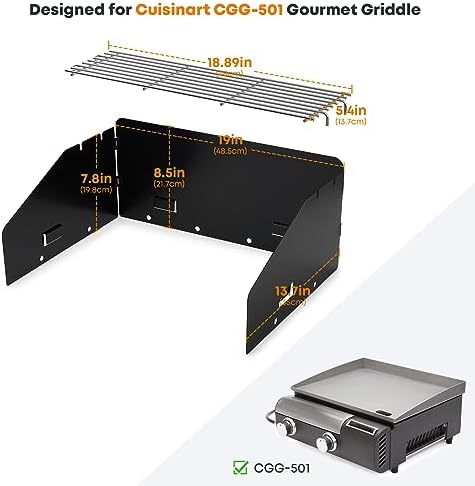 Stanbroil Griddle Wind Guard and Warming Rack for Cuisinart CGG-501 Gourmet Gas Grill, Foldable Wind Screen with Stainless Steel Cooking Grid, Griddle Accessories Kit for Cuisinart