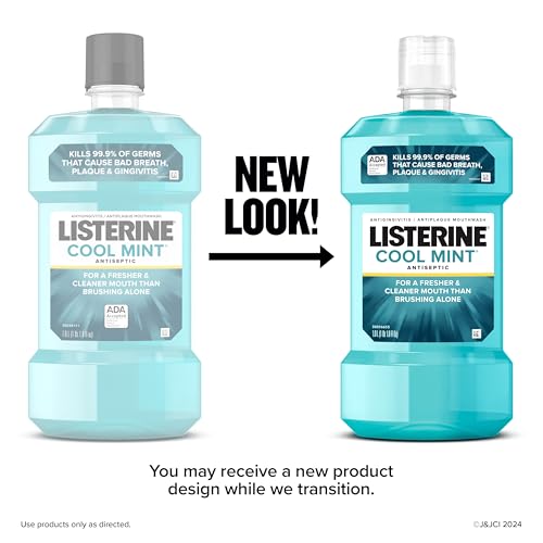 Listerine Cool Mint Antiseptic Mouthwash, Daily Oral Rinse Kills 99% of Germs That Cause Bad Breath, Plaque and Gingivitis for a Fresher, Cleaner Mouth, Cool Mint Flavor, 1.0 L, Pack of 2