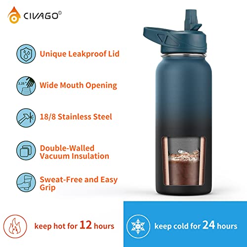 CIVAGO 32 oz Insulated Water Bottle With Straw, Stainless Steel Sports Water Cup Flask with 3 Lids (Straw, Spout and Handle Lid), Wide Mouth Travel Thermal Mug, Dark Night