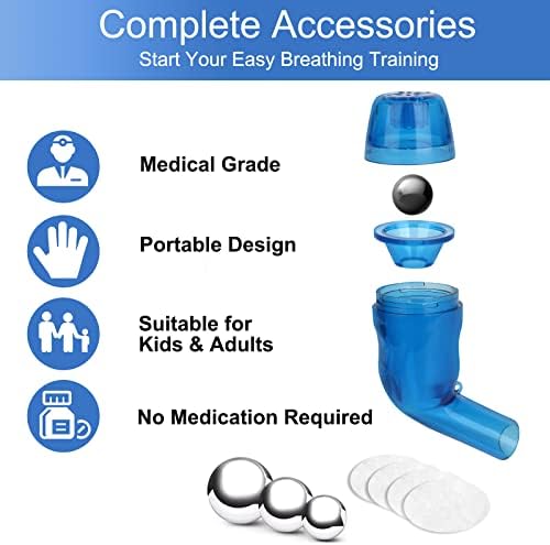 Breathing Exercise Device for Lungs, Lung Expansion and Mucus Relief Device, Portable Expiratory Breathing Exerciser with A Set of Accessories, Breathing Trainer for Lung Cleanse(Blue)