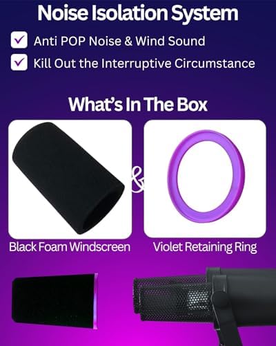 SM7b Foam Cover for Shuer SM7B, MV7 POP Filter RK345 Replacement, Windscreen with Colored Retaining O-Ring Identified Seat (Violet)