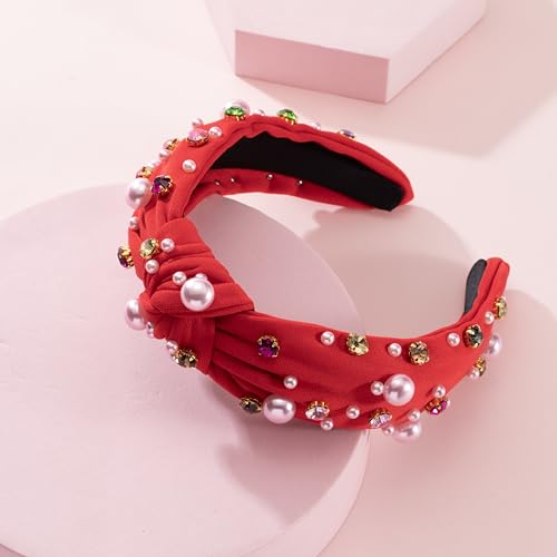 Valentine’s Day Pearl Headband for Women Holiday Red Pink Crystal Jeweled Knotted Headband Red Wide Top Knot Headband Valentine’s Day Hair Accessories Gifts (Valentine -pearl Red)
