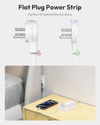 NTONPOWER 25ft Power Strip Flat Plug, Surge Protector Extension Cord with USB-C, Flat Surge Protector Power Strip, Mountable Surge Protector 3-Side for Home Office Accessories, White
