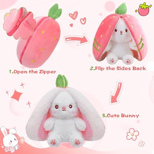 MIAODAM Bunny Stuffed Animal Reversible Cuddle Bunny Stuffed,Strawberry Bunny Transformed Rabbit Plush Zipper,Carrot That Turns Into Ears Bunnies Plushies Toy Cute Stuffy Doll Easter Girlfriend Gift