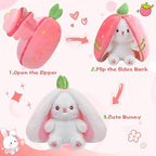 MIAODAM Bunny Stuffed Animal Reversible Cuddle Bunny Stuffed,Strawberry Bunny Transformed Rabbit Plush Zipper,Carrot That Turns Into Ears Bunnies Plushies Toy Cute Stuffy Doll Easter Girlfriend Gift