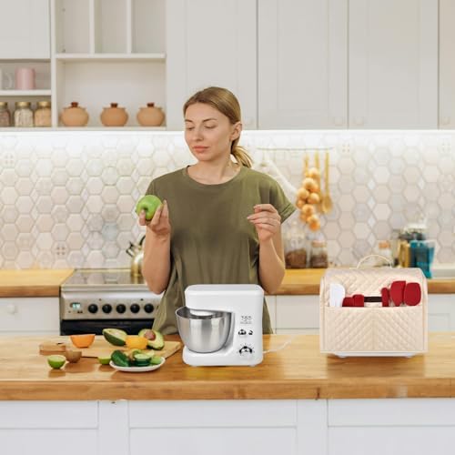 Cover for KitchenAid 3.5 Qt Stand Mixer, for KitchenAid Ice Cream Maker Attachment Stand Mixer 2 Quart, Case with Top Handle, Pockets for Extra Accessories,Beige(Bag Only)