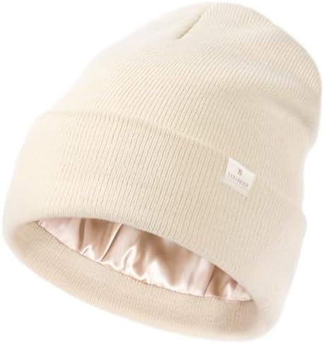 YANIBEST Womens Satin Lined Knit Beanie Hat Acrylic Winter Hats for Women Men Silk Lining Soft Slouchy Warm Cuffed Beanie Hat