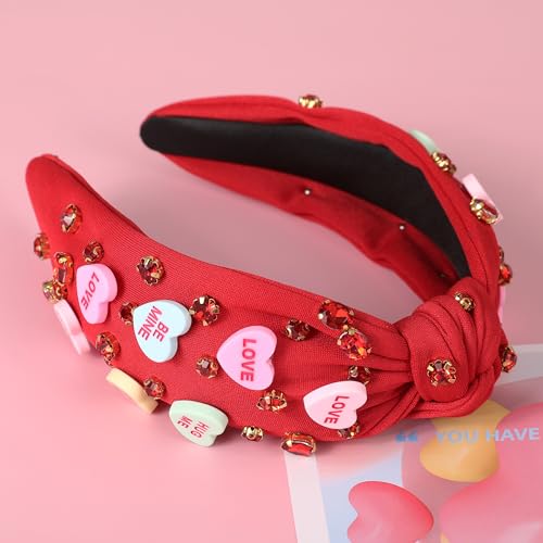Valentine’s Day Headband for Women Candy Love Conversation Heart Headband Jeweled Beaded Heart Knotted Headband Sparkly Red Pink Rhinestone Hairband Valentines Accessories Gifts