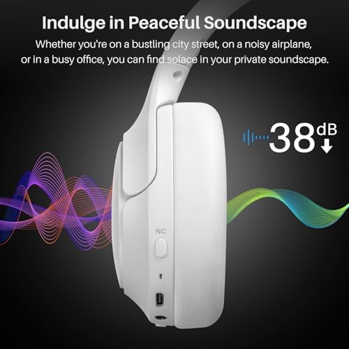 TOZO HT2 Hybrid Active Noise Cancelling Headphones, Wireless Over Ear Bluetooth Headphones+HT2 Replacement Ear Pads White