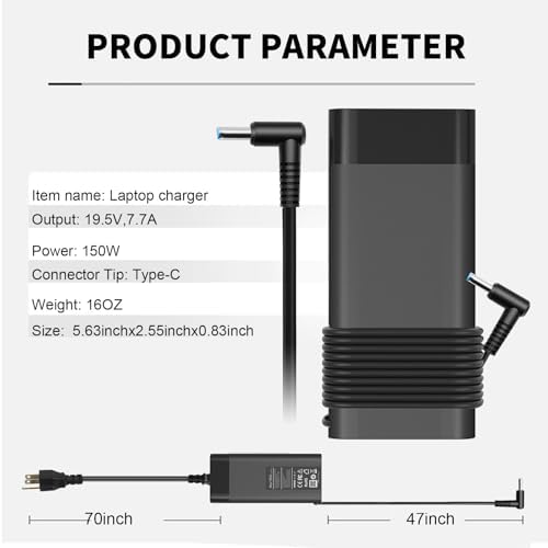 Replacement 150W HP Laptop Charger for HP ZBook 15 16 17 15u 15v G3 G4 G5 G6 G7 G8 G9 ZBook Studio G3 G4 G5 G6 G7 G8 OMEN by 15 17 Pavilion Gaming 15 17 AC Adapter Charger