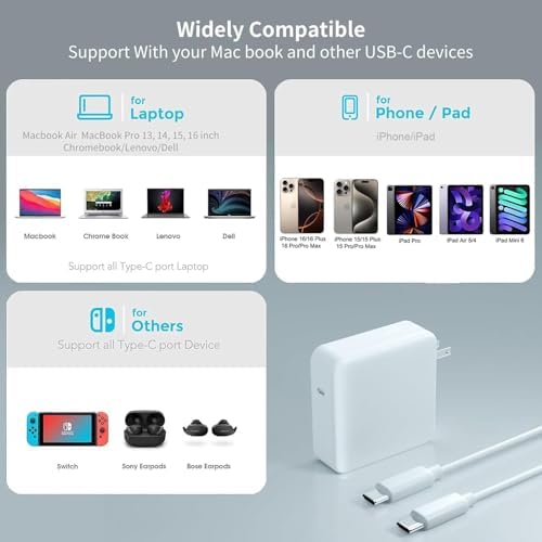 Compatible with MacBook Pro Charger,61W Replacement Charger for i.Phone 16/15,MacBook Pro16,15,14,13 inch,MacBook 12 Inch,MacBook Air 13 Inch,iPad Pro and Other USB C Interface Devices