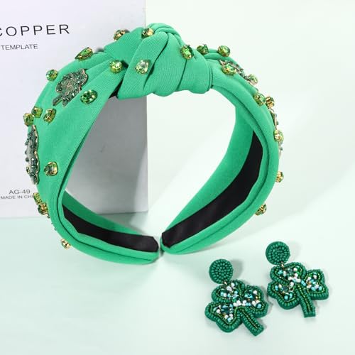 St.Patrick's Day Headband for Women - Glitter Shamrock Jeweled Knotted Headband with Lucky Green Crystals, Parade Hair Accessories Party Gift (Green2)