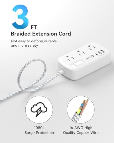 Short Extension Cord 3ft - Small Power Strip Flat Plug Surge Protetor with 6 Outlets 3 USB (3.4A/17W) Charging Ports, Multi Plug Wall Outlet Splitter for Home Bedroom Hotel Office Desktop Accessories