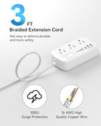 Short Extension Cord 3ft - Small Power Strip Flat Plug Surge Protetor with 6 Outlets 3 USB (3.4A/17W) Charging Ports, Multi Plug Wall Outlet Splitter for Home Bedroom Hotel Office Desktop Accessories