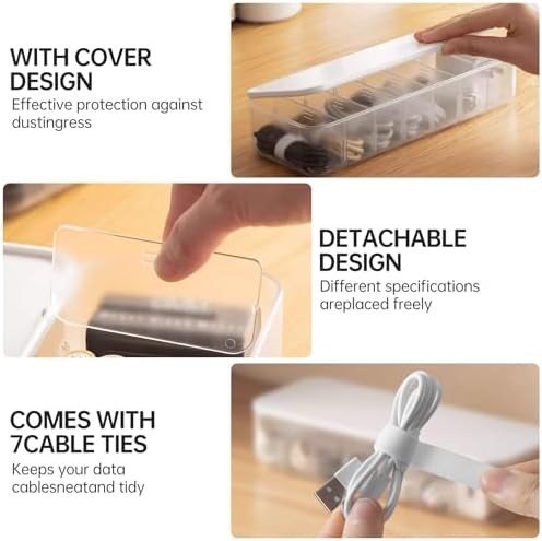 Cable Organizer Storage Box with 7 Wire Ties,Desktop Cable Management Box with Lid,Power Cord Organizer with 7 Compartments for Office,Home,Desk Accessories Storage Stationery Supplies White
