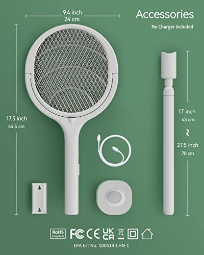Rotating Head Rechargeable Electric Fly Swatter Racket Bug Zapper Racket Mosquito Zapper Indoor Bug Zapper Fruit Fly Zapper Spider Killer Gnat Trap Wasp Catcher, with a Telescopic Extension Wand